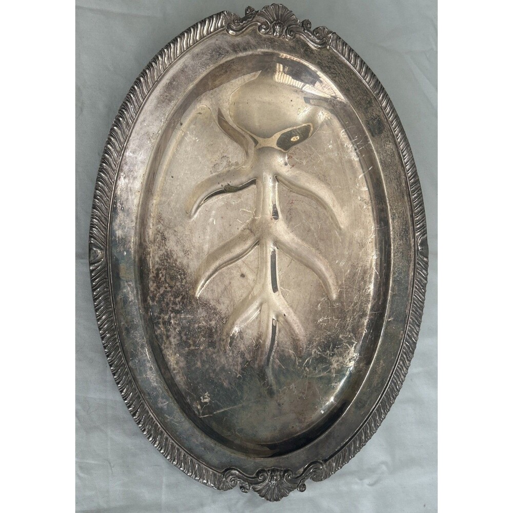 Vintage Sheridan Silverplate Serving Platter  Footed Oval Tray Silver On Copper